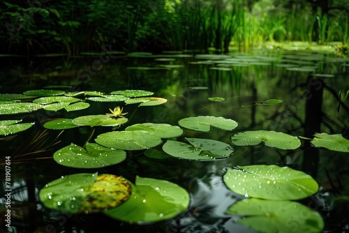 serene pond with lily pads and water droplets  creating an atmosphere of tranquility and nature s beauty