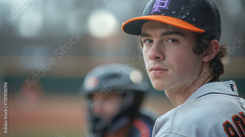 Pitcher's Focus: With unwavering concentration, the pitcher stares down the batter from the mound, his eyes burning with determination. Behind him, the catcher crouches in anticipa photo