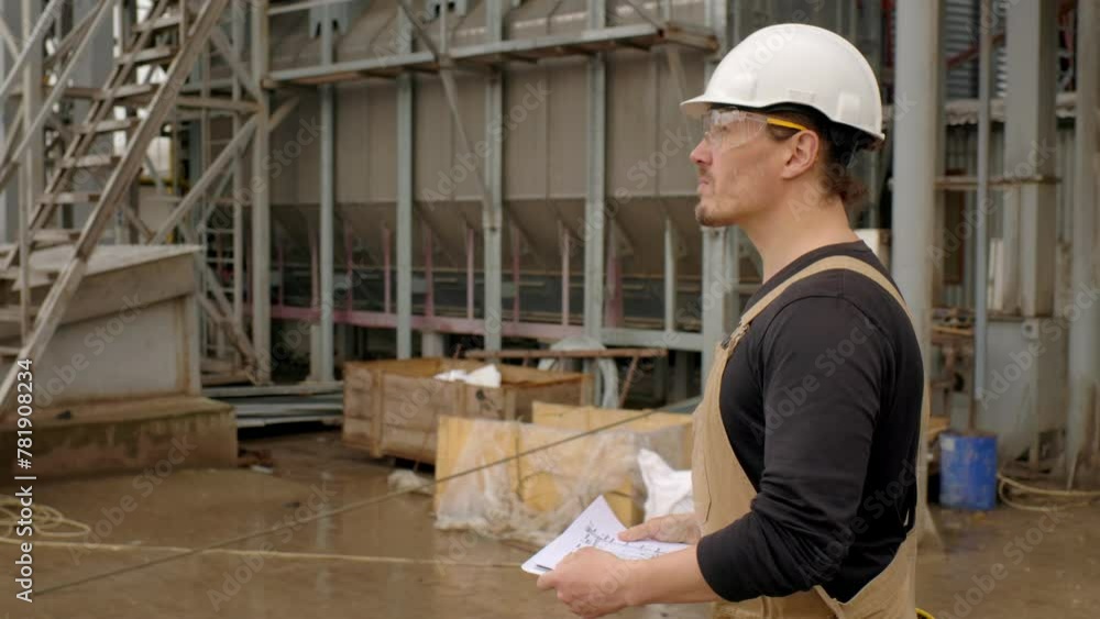 An engineer inspects the construction of grain storage silos. An engineer inspects the construction of grain storage silos.