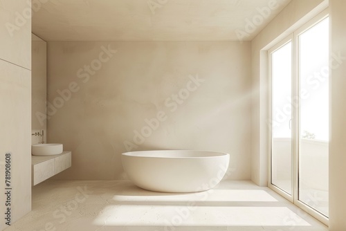 Minimalist Bathroom Interior in White and Beige Tones for Your Home. Vintage yet Modern Design with a Bathe-in-Light Window and Sink