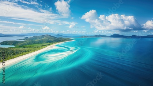 Most Popular Aerial View of Whitehaven Beach in Whitsundays Island Chain, Queensland. Experience the Dramatic Turquoise Coastline and Pure White Silica Sand photo