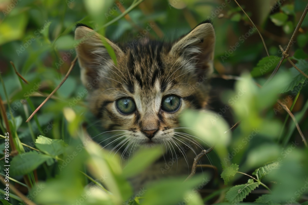 Pretty Stray Kitten Peeking Out of Grass Bushes. Cute and Funny Young Feline with Beautiful Eyes Enjoying Summer Outdoors Pretty Stray Kitten Peeking Out of Grass Bushes. Cute and Funny Young Feline with Beautiful Eyes Enjoying Summer Outdoors