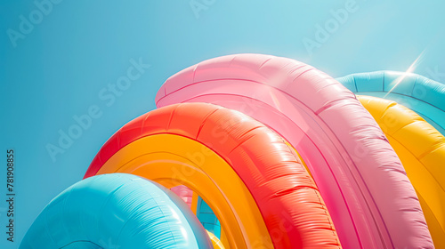 Vibrant Pastel Rainbow Inflatable Minimalist Photo Against Blue Sky photo