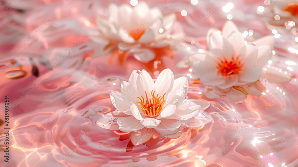 Pink Water Lily Bloom: A Serene Top View of Dynamic Minimalism in Sparkling Light