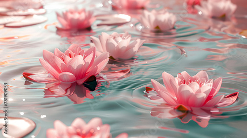 Floating Water Lilies: Sparkling Pink Blossoms in Minimalistic Top View with Dynamic Surface and Bright Ripples