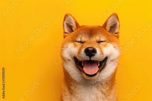 Smiling Shiba Inu on Yellow - Portrait of a White Akita Breed Canine Pet, Cute Puppy Animal with Red Hair