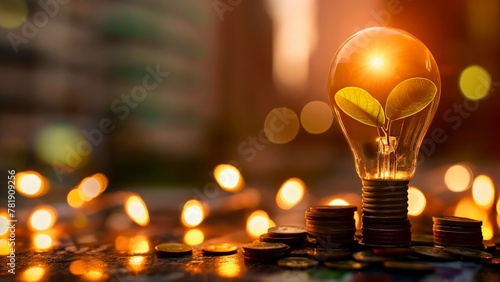 A sprout in a light bulb and a coin next to it with a background image of a building with evening light.