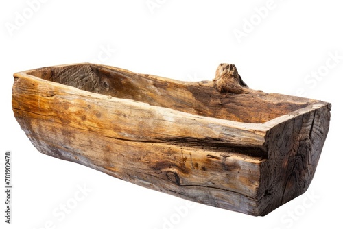 Traditional Wooden Trough for Cattle Feed Isolated on White Background - Rustic Old Tree Trunk Design