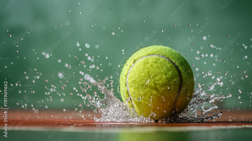 Tennis ball bouncing in a puddle of water