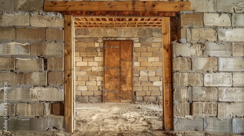 Wooden Door Lintel in Modern Home Construction. Insulated Interior Wall Frame on Building Site