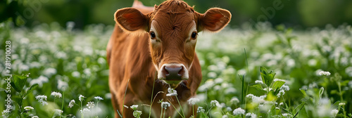 Curious brown calf in lush green field with white flowers
