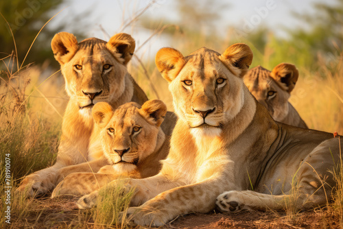 Majestic Pride of Lions Resting at Sunset © evening_tao