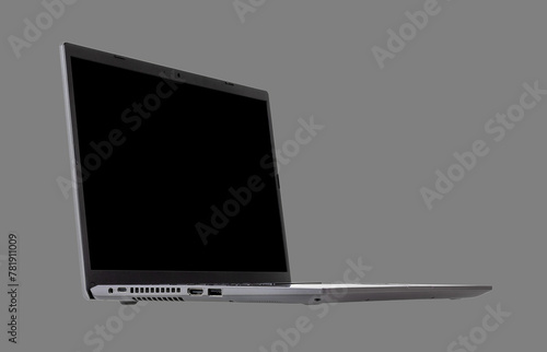 black mock up on laptop screen isolated on grey background side view