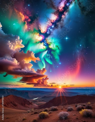 This digital creation imagines a vibrant aurora borealis swirling above an alien desert at sunset, combining elements of familiar earthly beauty with the exotic. AI Generation photo