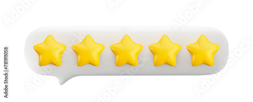 Vector 3d gold five stars in white speech bubble isolated on white background. Realistic render of customer review, best rating, positive feedback concept. 3d quality service symbol.