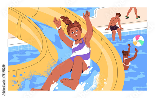 Happy little girl has fun in aquapark in summer. Excited kid in swimsuit slides on waterslide, splashing water. People playing in swimming pool with ball in waterpark. Flat vector illustration
