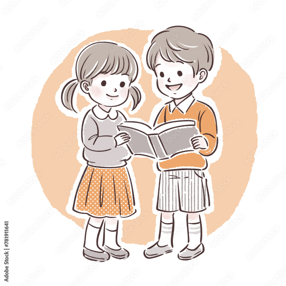一緒に本を読む男の子と女の子のイラスト素材 一緒に本を読む男の子と女の子のイラスト素材