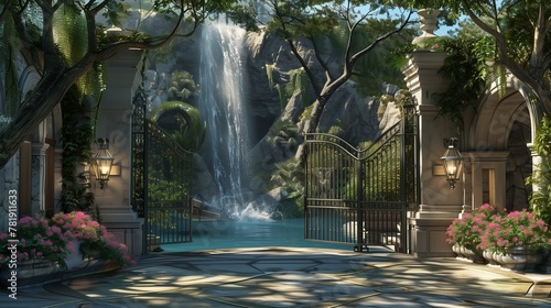 A riverside villa entrance with a wrought iron gate and cascading waterfall feature.
