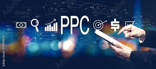PPC - Pay per click concept with businessman using a tablet computer at night
