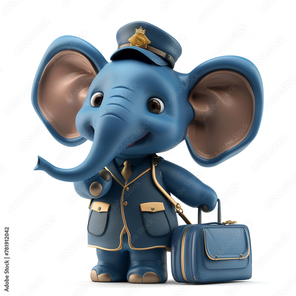 Elephant in 3D vector security uniform performing baggage check,