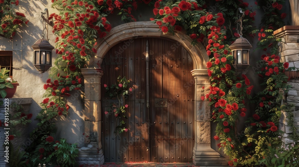 A rustic villa entrance adorned with a wooden gate, lanterns, and climbing roses.