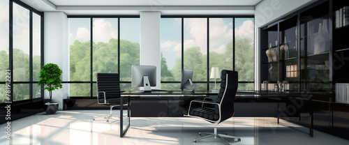 Panoramic Modern Office Interior with Nature View