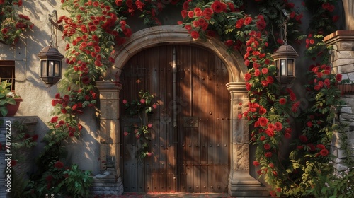A rustic villa entrance adorned with a wooden gate, lanterns, and climbing roses. photo