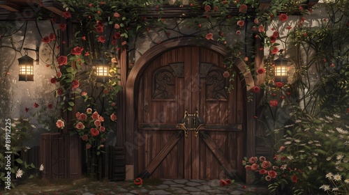 A rustic villa entrance adorned with a wooden gate, lanterns, and climbing roses. photo