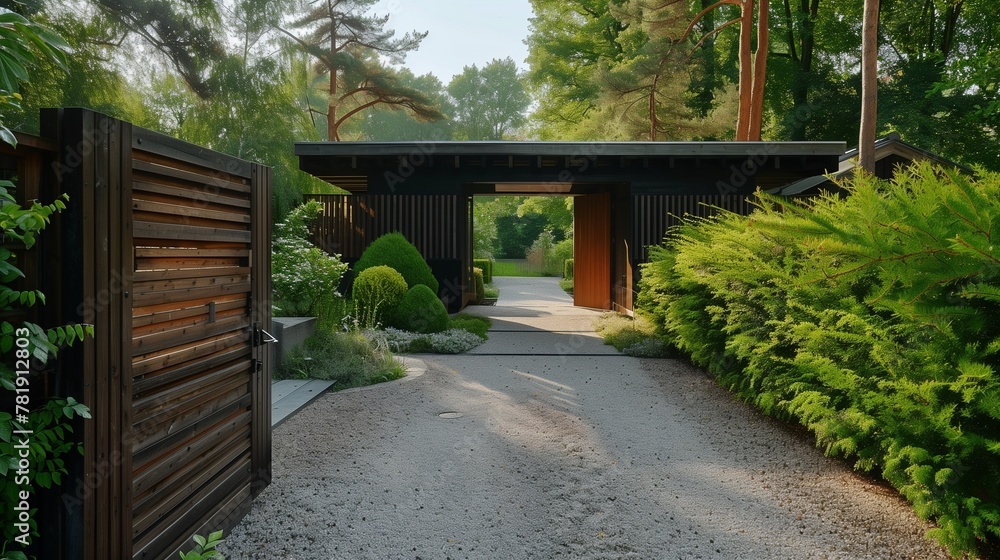 A Scandinavian villa entrance with a minimalist wooden gate and gravel driveway.