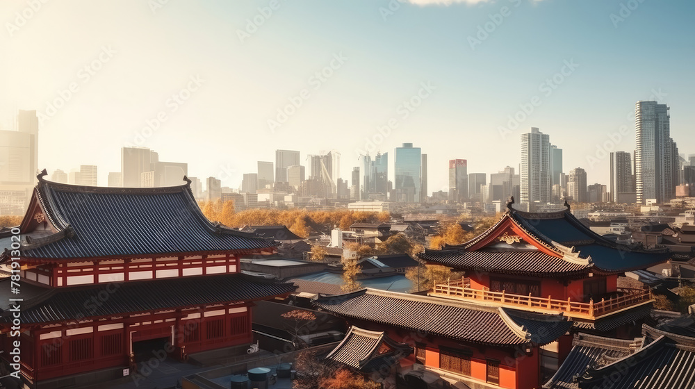 Traditional Temple Against Modern City Skyline at Sunrise Traditional Temple Against Modern City Skyline at Sunrise
