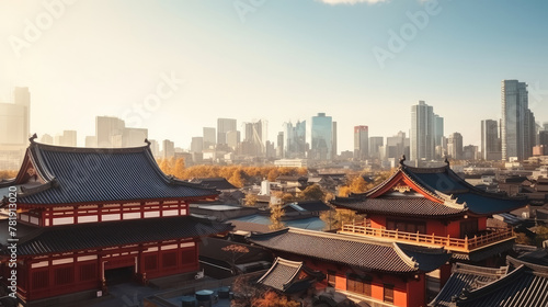 Traditional Temple Against Modern City Skyline at Sunrise