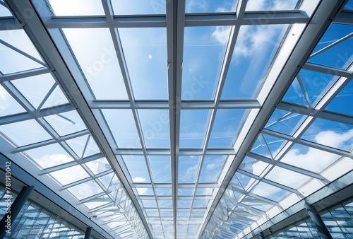 Modern Glass Ceiling Against a Blue Sky Background