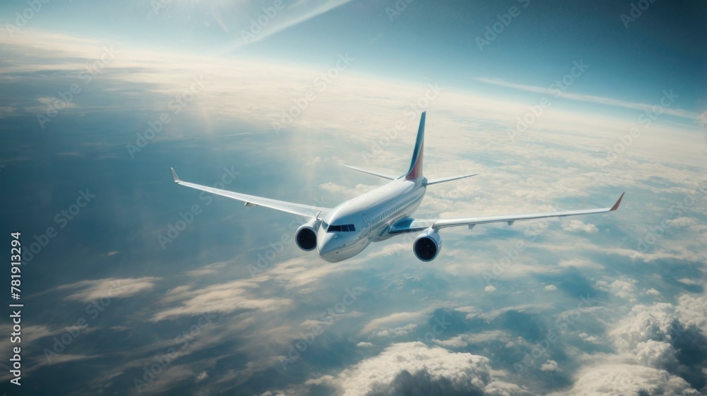 Obraz premium A large airplane flying in the sky above clouds. AI.