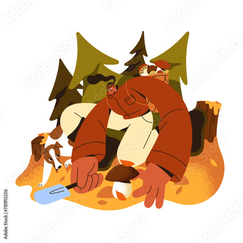 Mushroomer collects edible mushrooms in forest. Girl with dog gather boletus in basket behind back. Young woman walking in wood, picks boletes. Flat isolated vector illustration on white background