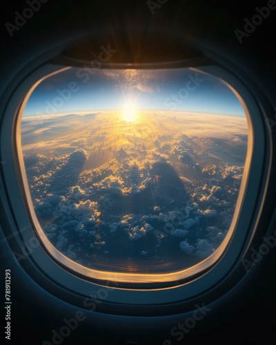 A view of the sun and clouds from an airplane window. AI.