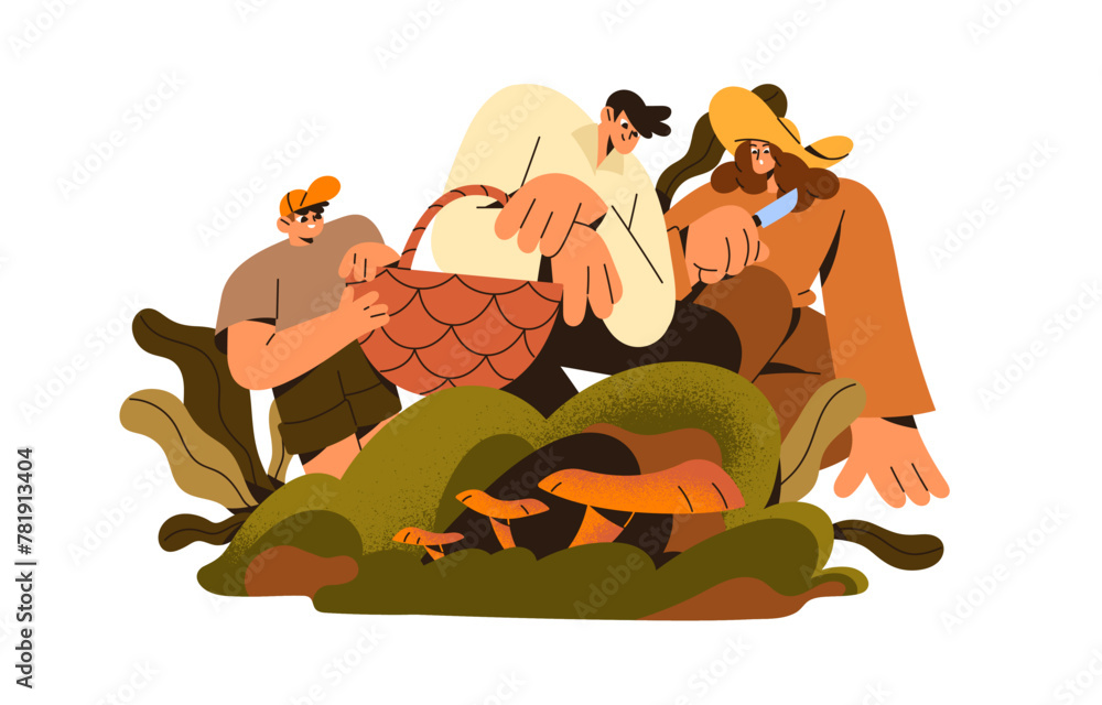 Happy family picks edible mushrooms together in autumn wood. Parents with kid collect chanterelles in basket. Mushroomers gather harvest of fall forest. Flat isolated vector illustration on white Happy family picks edible mushrooms together in autumn wood. Parents with kid collect chanterelles in basket. Mushroomers gather harvest of fall forest. Flat isolated vector illustration on white