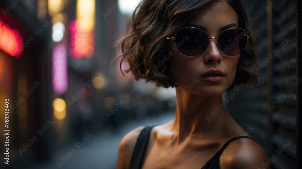A woman in sunglasses standing on a city street. AI. A woman in sunglasses standing on a city street. AI.