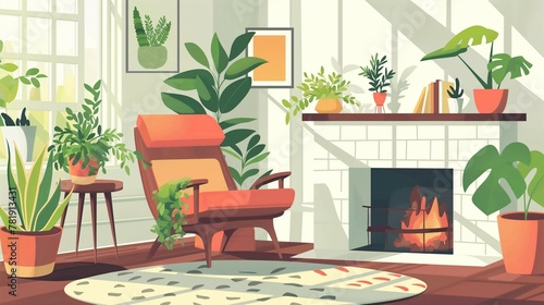Fireplace  comfortable chair and plant  home interior  3d illustration