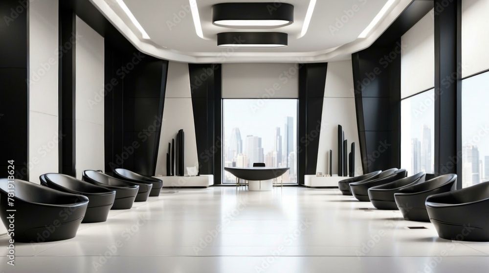 A room with black chairs and a large window in the middle. AI. A room with black chairs and a large window in the middle. AI.