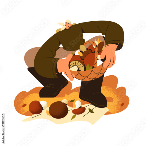 Mushroomer collects, gather edible mushrooms in forest. Happy person holds basket full of different boletes, boletus. Man picks fall wood harvest. Flat isolated vector illustration on white background