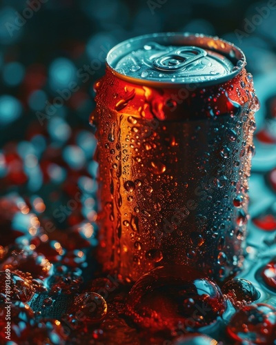 A can of a soda sitting on top of some water. AI.
