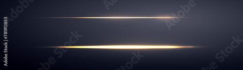 Gold horizontal lensflares. Light flash with rays or gold spotlight and bokeh. Yellow glow flare light effect. Vector illustration. Isolated on dark background.
