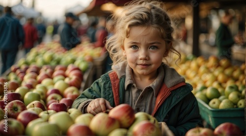 A little girl standing in front of a bunch of apples. AI.
