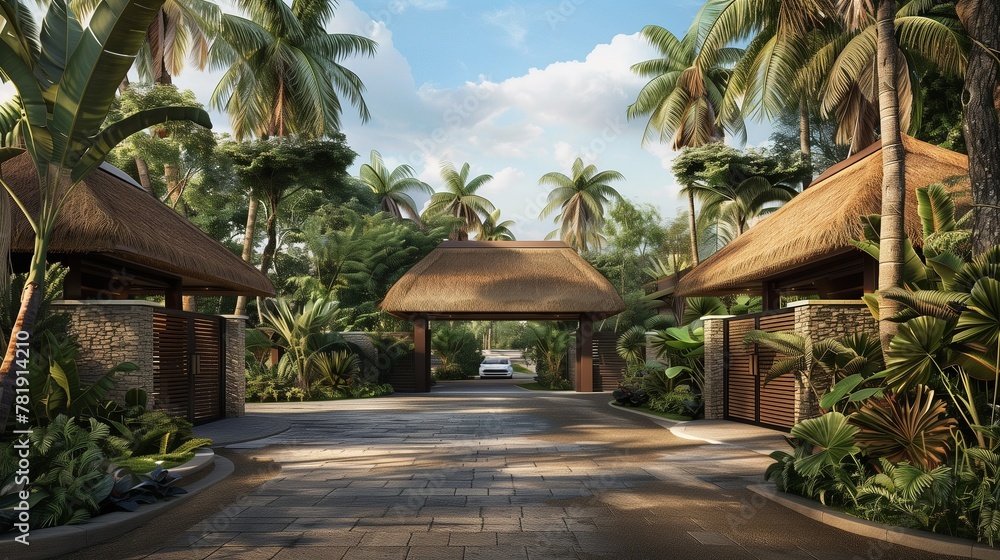 A tropical villa entrance featuring a thatched gatehouse and palm tree-lined driveway.
