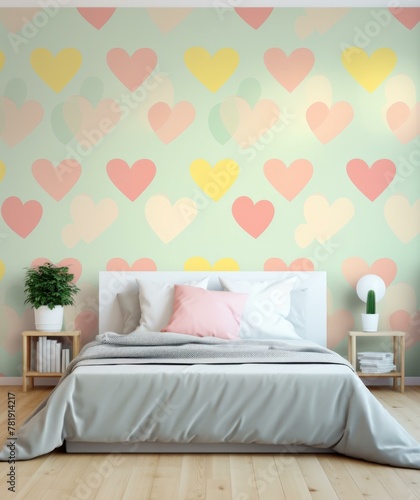 A bedroom with a large bed and colorful hearts on the wall. AI.