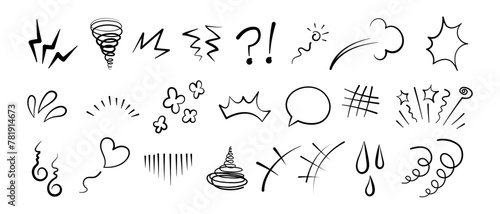 Anime manga comic emoticon element graphic effects hand drawn doodle vector illustration set isolated on white background. Manga style doodle line expression scribble anime mark collection.