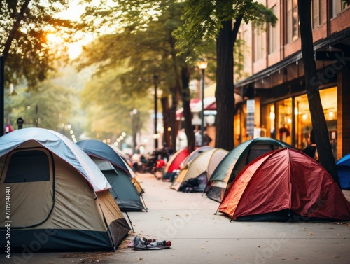 A row of tents lined up on a sidewalk in front of buildings. AI. © serg3d