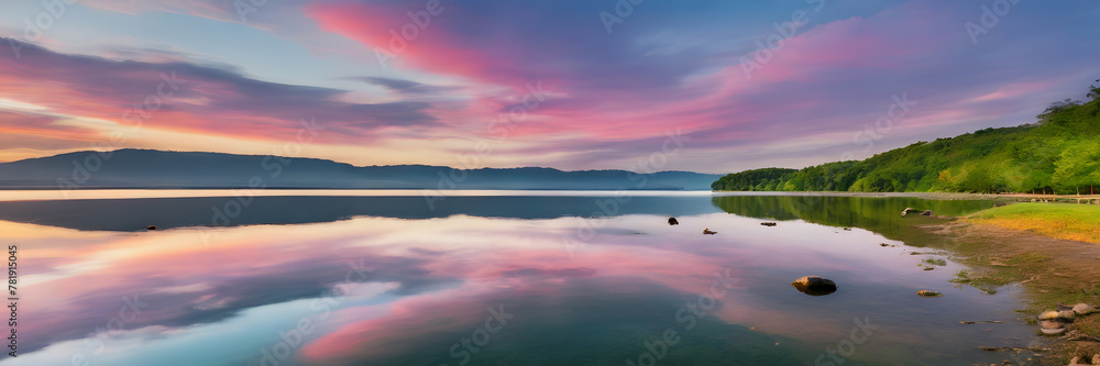 3:1 banner. Colorful clouds reflecting on the surface of a lake. The soft light during sunrise captures the vibrant colors of the clouds reflecting in the lake, creating a charming lakeside scenery. 3:1 banner. Colorful clouds reflecting on the surface of a lake. The soft light during sunrise captures the vibrant colors of the clouds reflecting in the lake, creating a charming lakeside scenery.