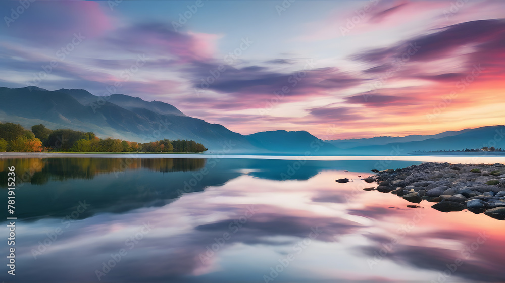 Colorful clouds reflecting on the surface of a lake. The soft light during sunrise, it captures the vibrant colors of the clouds reflecting in the lake, creating a charming lakeside scenery.