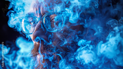 bearded man wearing glasses is surrounded by blue smoke